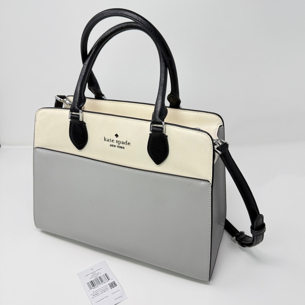 Kate Spade Madison Colorblock Saffiano Medium Satchel Bag Cream/Plat. Gray/Black